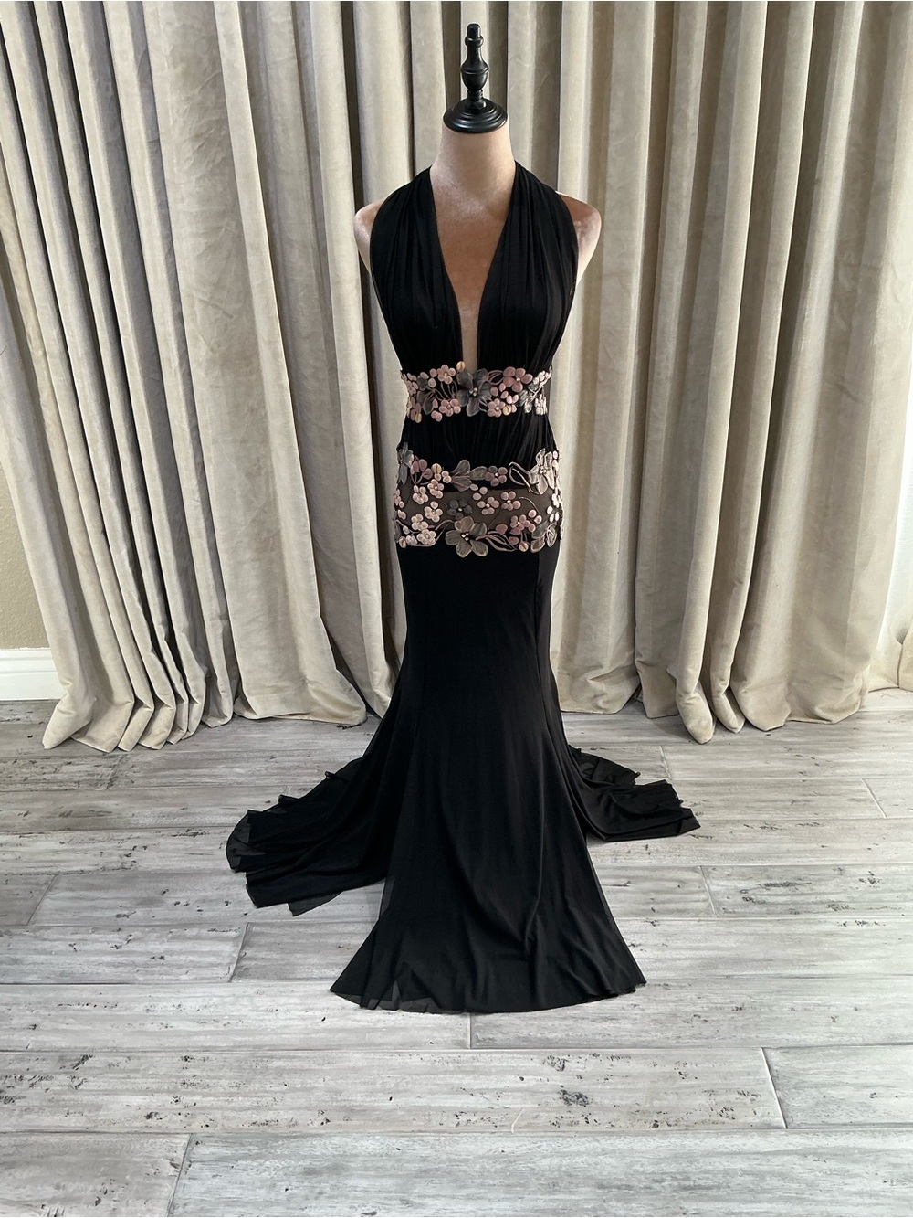 Black Halter Evening Gown with Pink Floral Embroidery - Picture 2 of 15